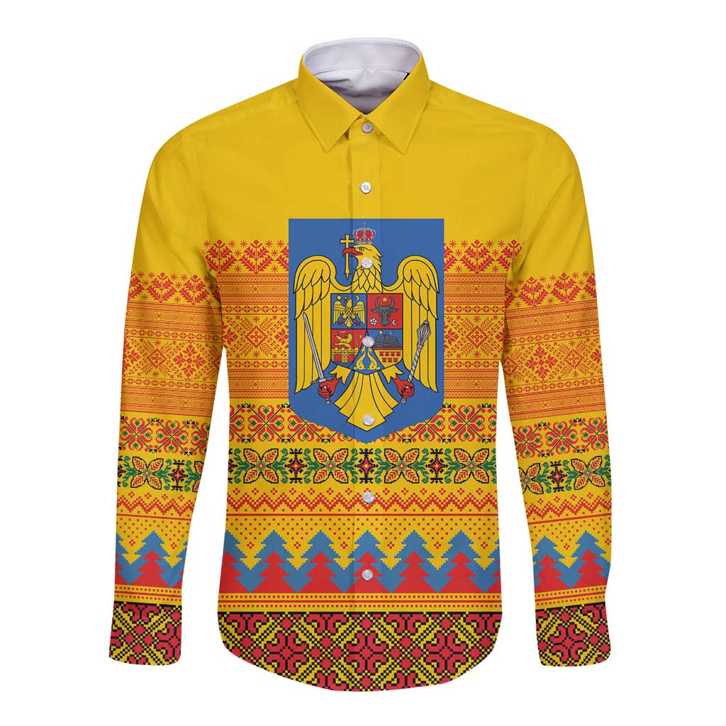 Romania Merry Christmas Long Sleeve Button Shirt Romania Emblem Traditional Folk Art - Wonder Print Shop