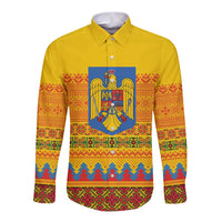 Romania Merry Christmas Long Sleeve Button Shirt Romania Emblem Traditional Folk Art - Wonder Print Shop