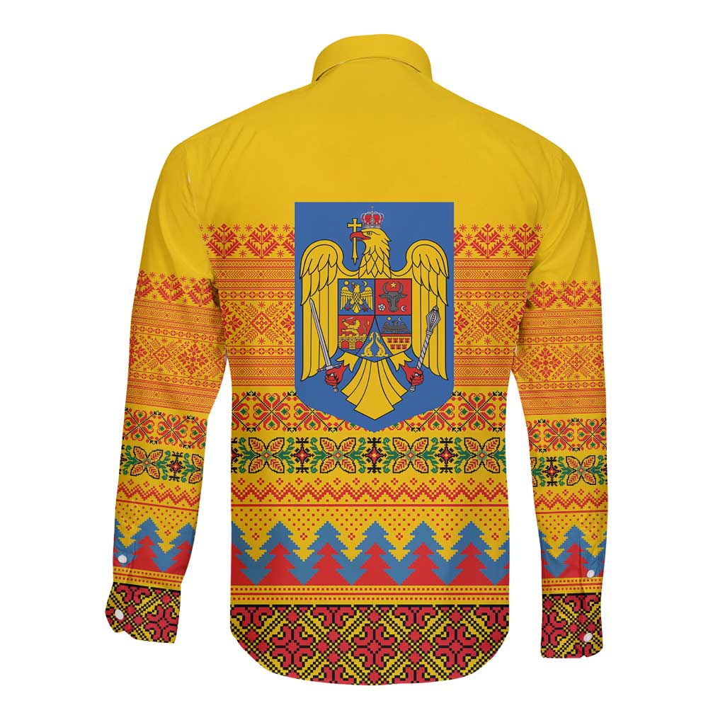 Romania Merry Christmas Long Sleeve Button Shirt Romania Emblem Traditional Folk Art - Wonder Print Shop