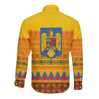 Romania Merry Christmas Long Sleeve Button Shirt Romania Emblem Traditional Folk Art - Wonder Print Shop