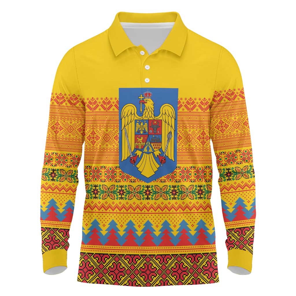 Romania Merry Christmas Long Sleeve Polo Shirt Romania Emblem Traditional Folk Art - Wonder Print Shop