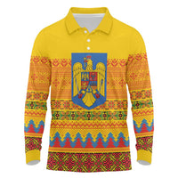 Romania Merry Christmas Long Sleeve Polo Shirt Romania Emblem Traditional Folk Art - Wonder Print Shop