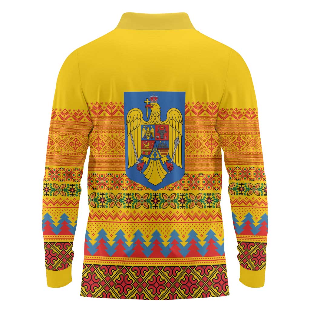 Romania Merry Christmas Long Sleeve Polo Shirt Romania Emblem Traditional Folk Art - Wonder Print Shop
