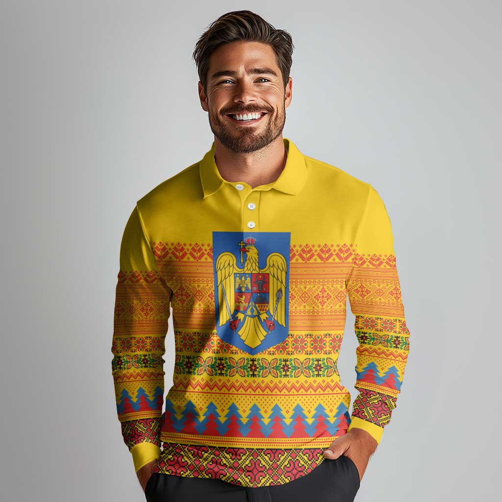 Romania Merry Christmas Long Sleeve Polo Shirt Romania Emblem Traditional Folk Art - Wonder Print Shop
