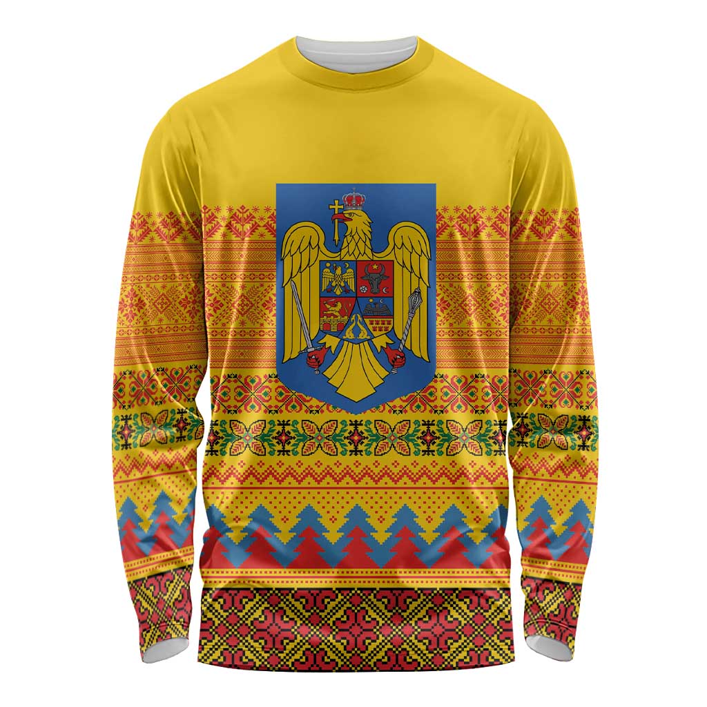 Romania Merry Christmas Long Sleeve Shirt Romania Emblem Traditional Folk Art - Wonder Print Shop