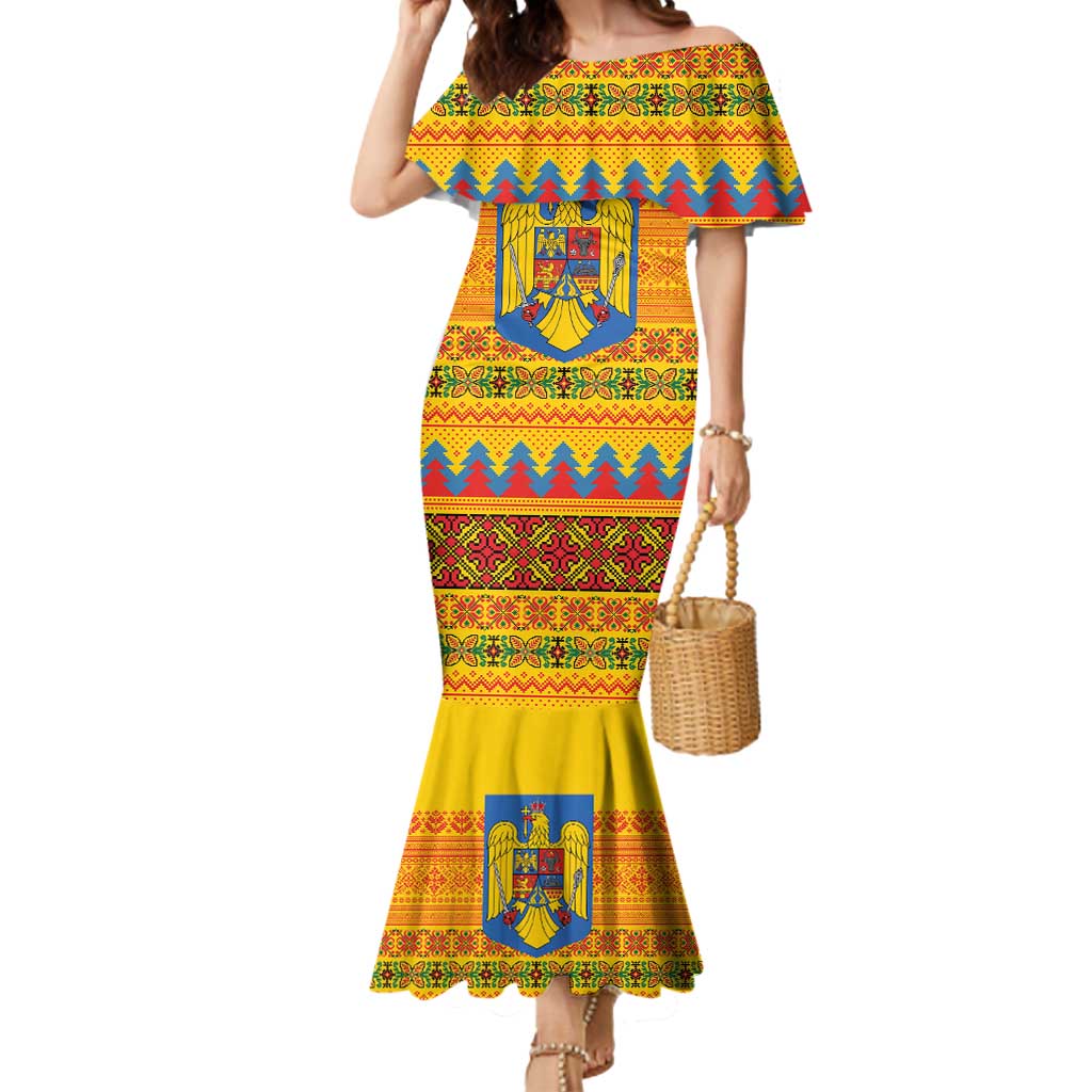 Romania Merry Christmas Mermaid Dress Romania Emblem Traditional Folk Art - Wonder Print Shop
