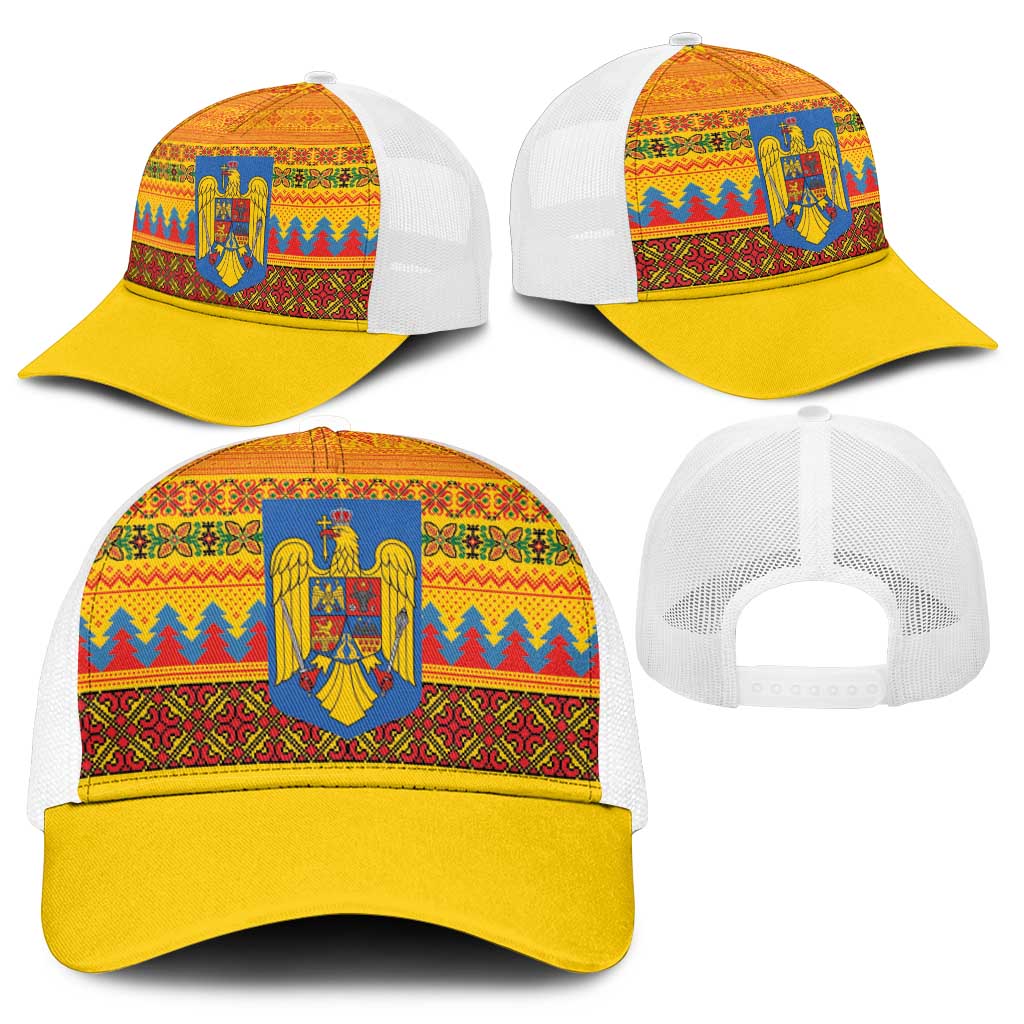 Romania Merry Christmas Mesh Trucker Cap Romania Emblem Traditional Folk Art - Wonder Print Shop