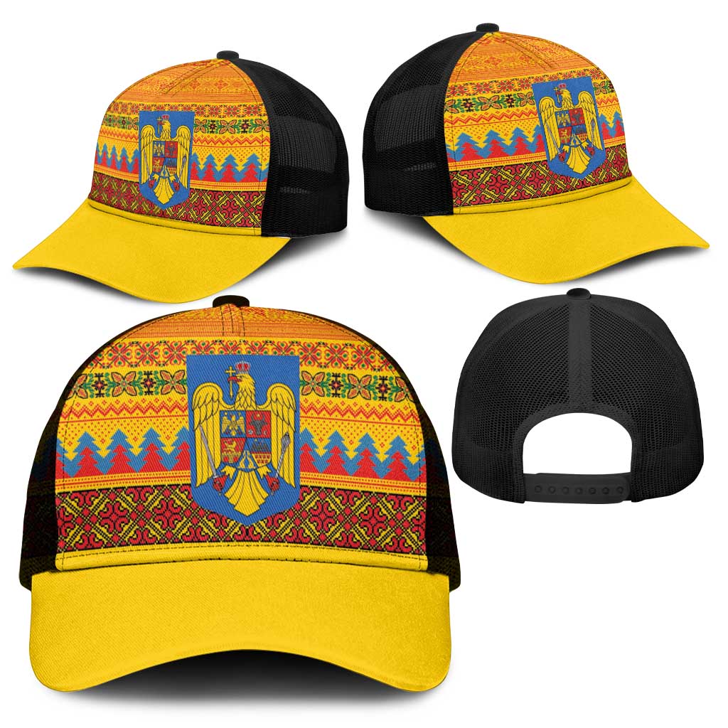 Romania Merry Christmas Mesh Trucker Cap Romania Emblem Traditional Folk Art - Wonder Print Shop