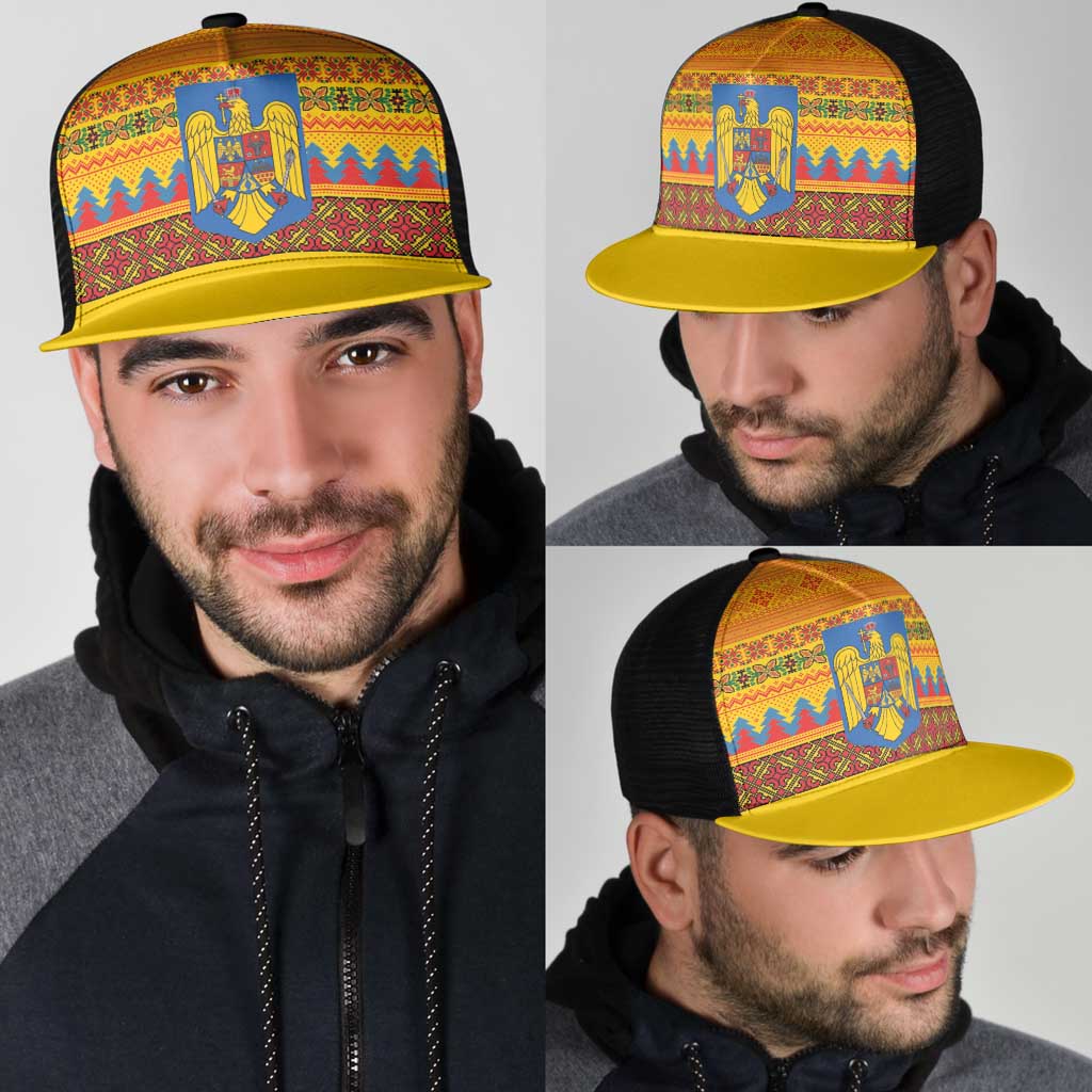 Romania Merry Christmas Mesh Trucker Cap Romania Emblem Traditional Folk Art - Wonder Print Shop