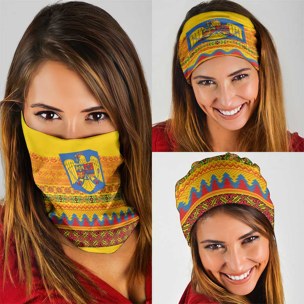 Romania Merry Christmas Neck Gaiter Romania Emblem Traditional Folk Art - Wonder Print Shop