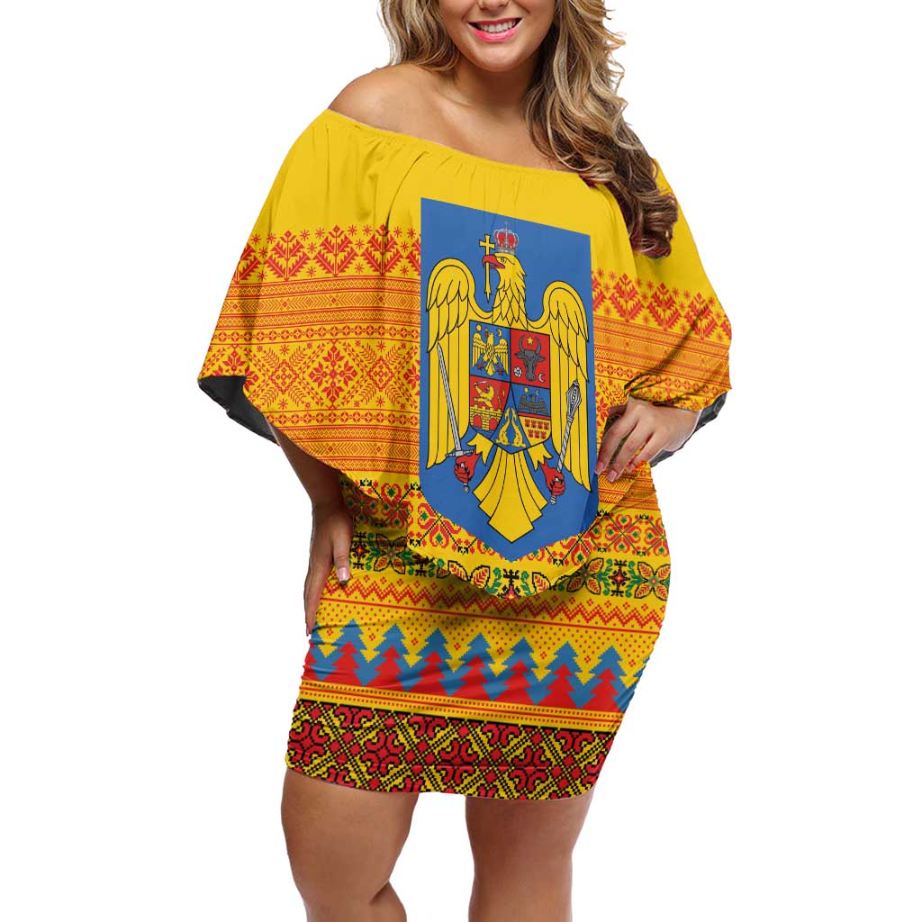 Romania Merry Christmas Off Shoulder Short Dress Romania Emblem Traditional Folk Art - Wonder Print Shop