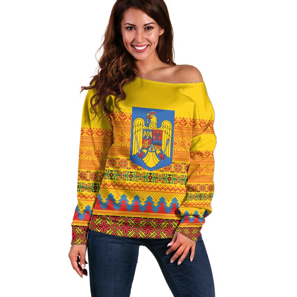 Romania Merry Christmas Off Shoulder Sweater Romania Emblem Traditional Folk Art - Wonder Print Shop