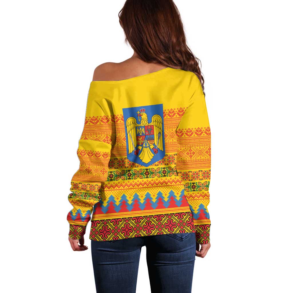 Romania Merry Christmas Off Shoulder Sweater Romania Emblem Traditional Folk Art - Wonder Print Shop