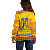 Romania Merry Christmas Off Shoulder Sweater Romania Emblem Traditional Folk Art - Wonder Print Shop