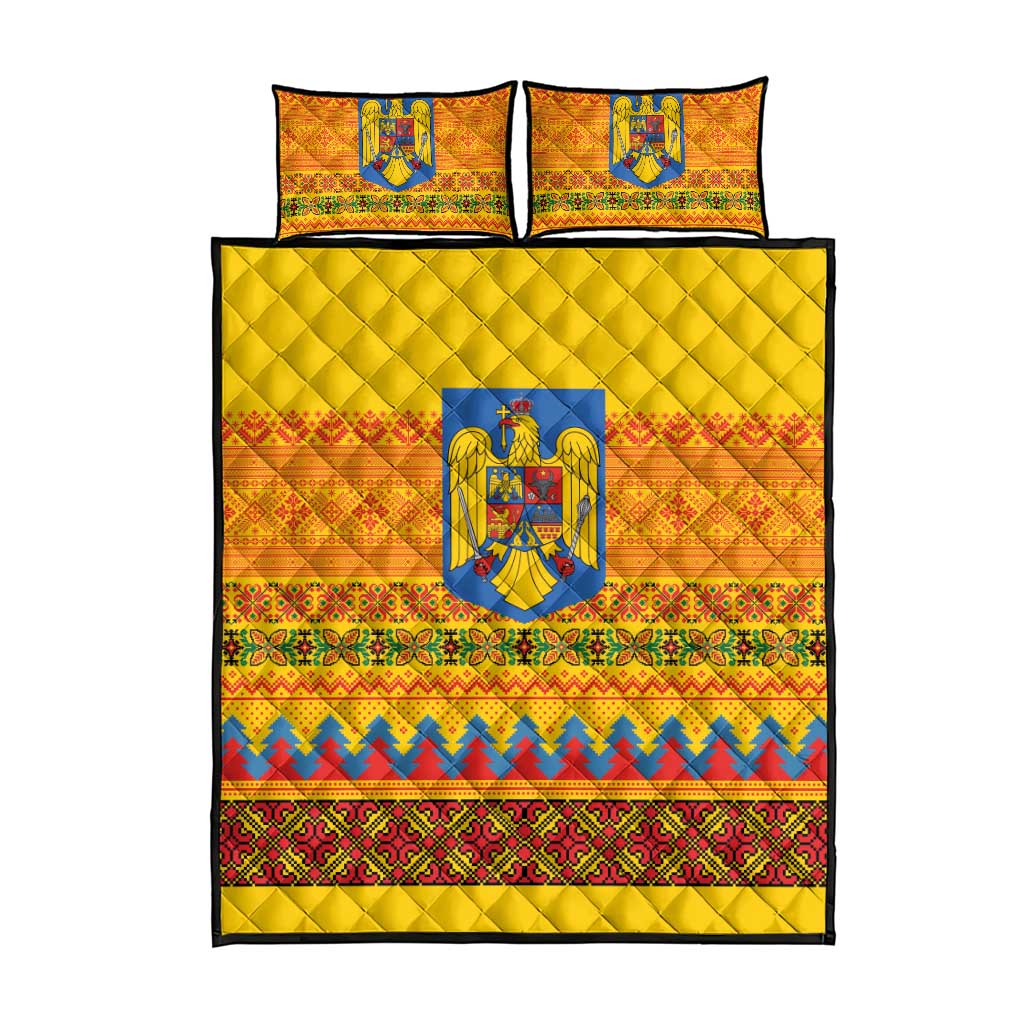 Romania Merry Christmas Quilt Bed Set Romania Emblem Traditional Folk Art - Wonder Print Shop