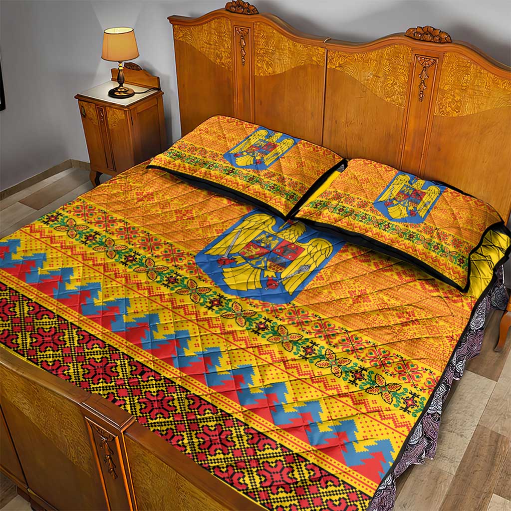 Romania Merry Christmas Quilt Bed Set Romania Emblem Traditional Folk Art - Wonder Print Shop