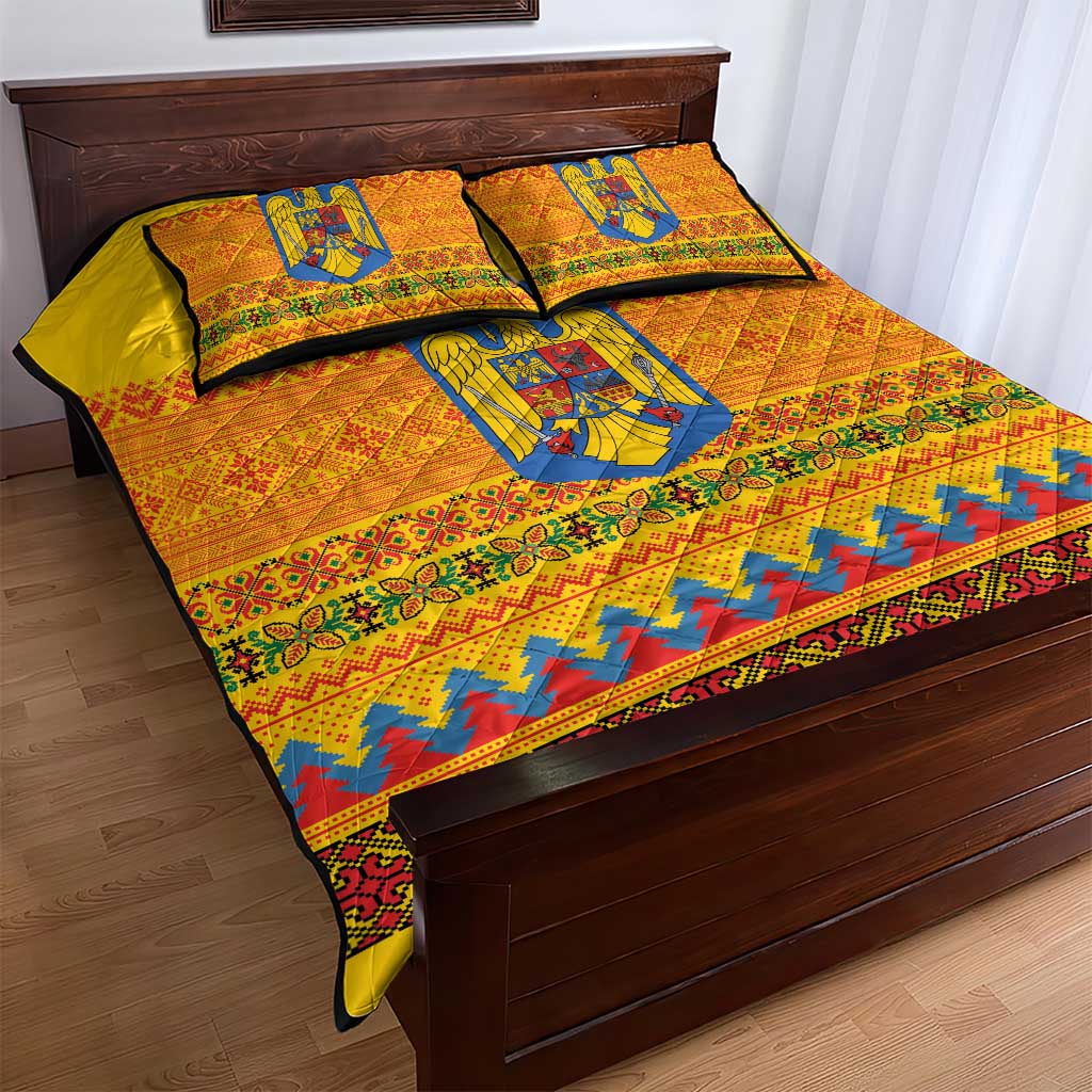 Romania Merry Christmas Quilt Bed Set Romania Emblem Traditional Folk Art - Wonder Print Shop