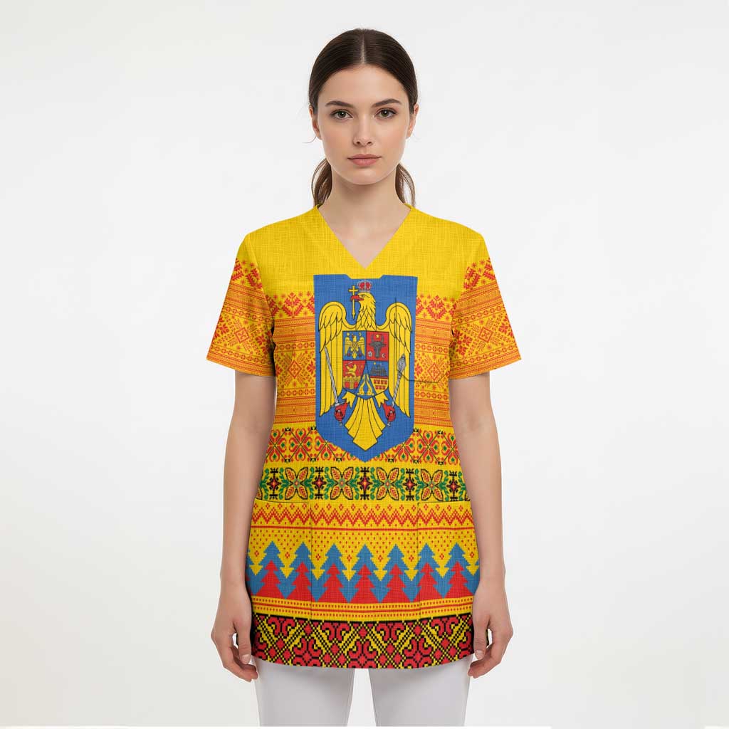 Romania Merry Christmas Scrub Top Romania Emblem Traditional Folk Art - Wonder Print Shop