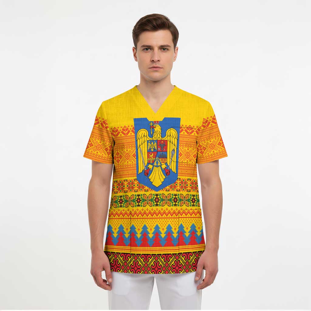 Romania Merry Christmas Scrub Top Romania Emblem Traditional Folk Art - Wonder Print Shop
