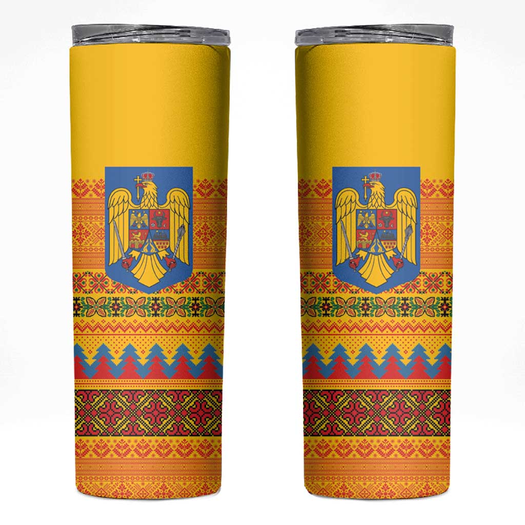 Romania Merry Christmas Skinny Tumbler Romania Emblem Traditional Folk Art - Wonder Print Shop