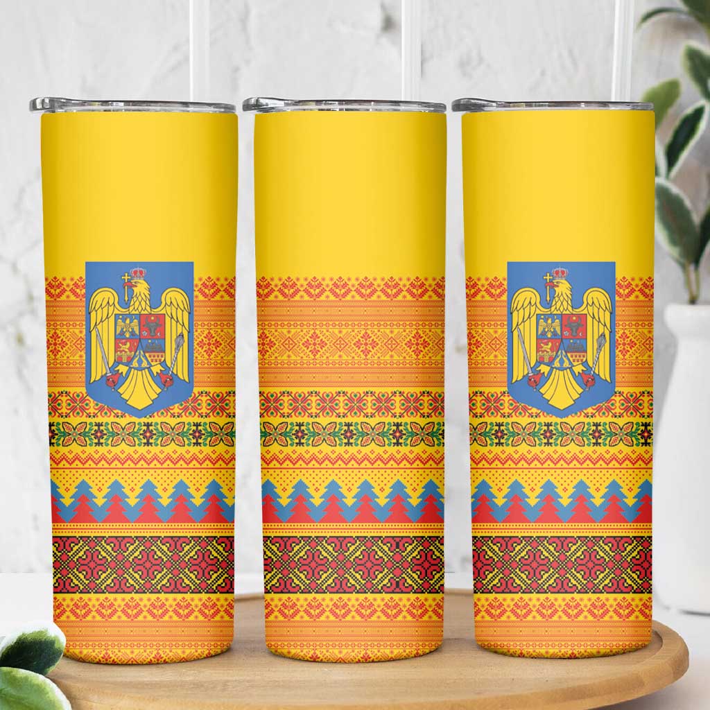 Romania Merry Christmas Skinny Tumbler Romania Emblem Traditional Folk Art - Wonder Print Shop
