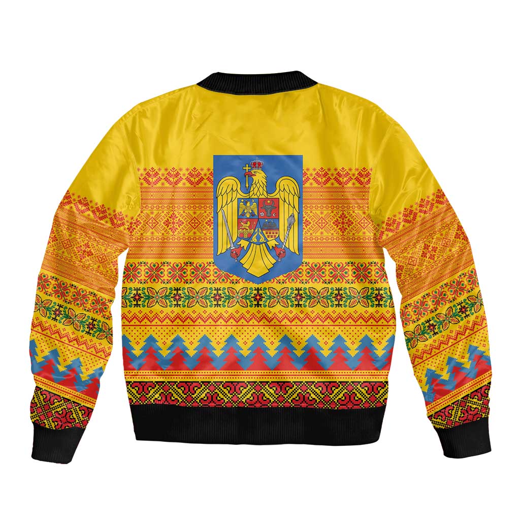 Romania Merry Christmas Sleeve Zip Bomber Jacket Romania Emblem Traditional Folk Art - Wonder Print Shop