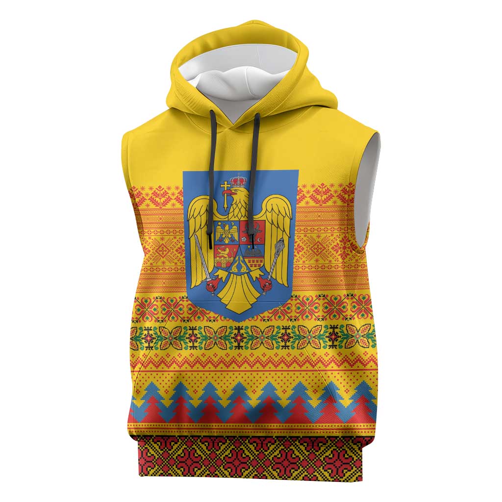 Romania Merry Christmas Sleeveless Hoodie Romania Emblem Traditional Folk Art - Wonder Print Shop