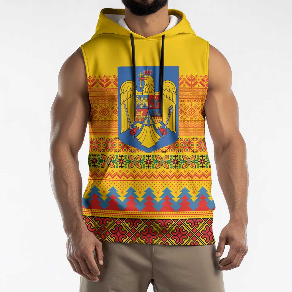 Romania Merry Christmas Sleeveless Hoodie Romania Emblem Traditional Folk Art - Wonder Print Shop