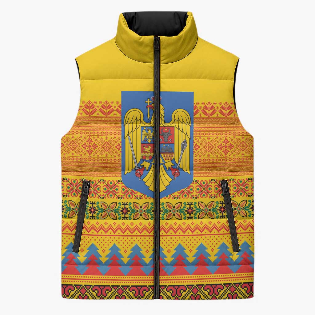 Romania Merry Christmas Sleeveless Puffer Jacket Romania Emblem Traditional Folk Art - Wonder Print Shop