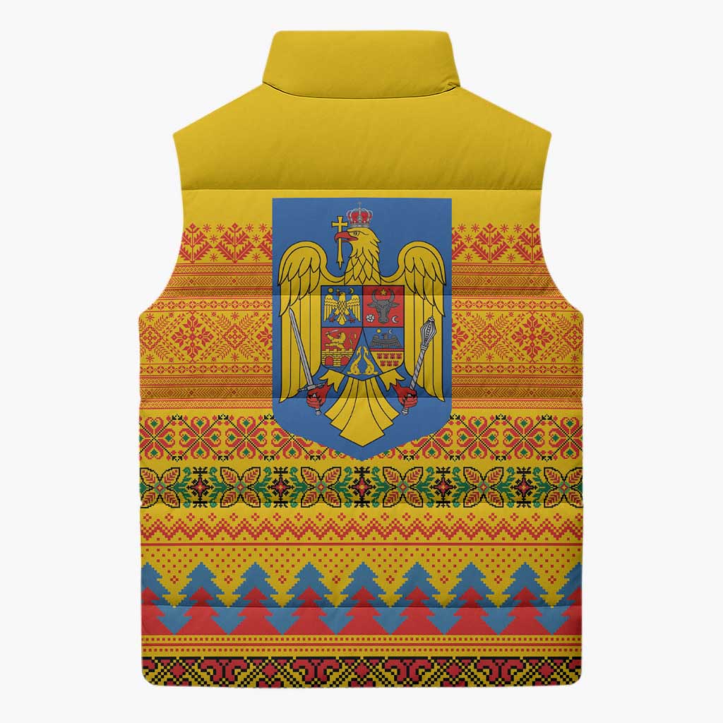 Romania Merry Christmas Sleeveless Puffer Jacket Romania Emblem Traditional Folk Art - Wonder Print Shop