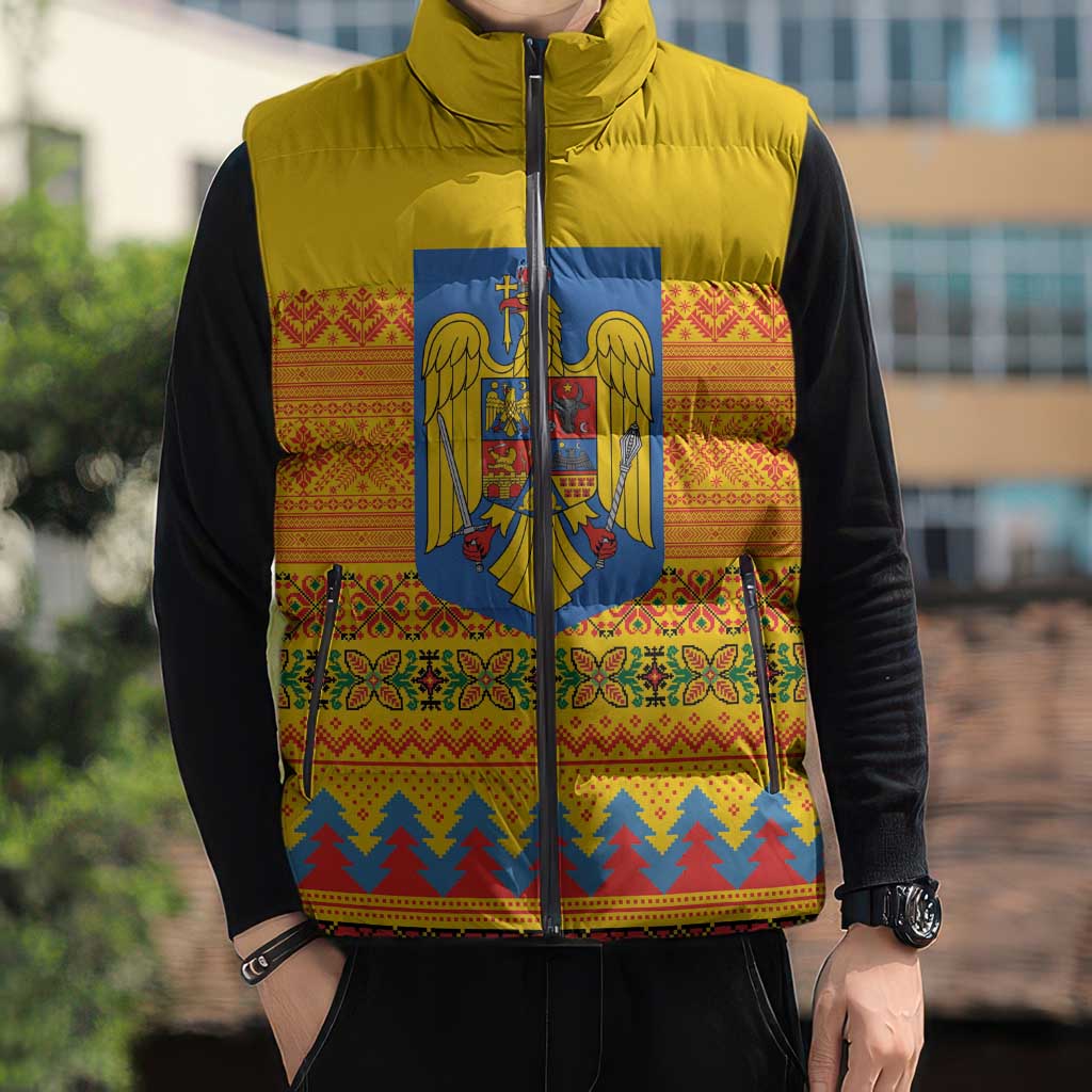 Romania Merry Christmas Sleeveless Puffer Jacket Romania Emblem Traditional Folk Art - Wonder Print Shop