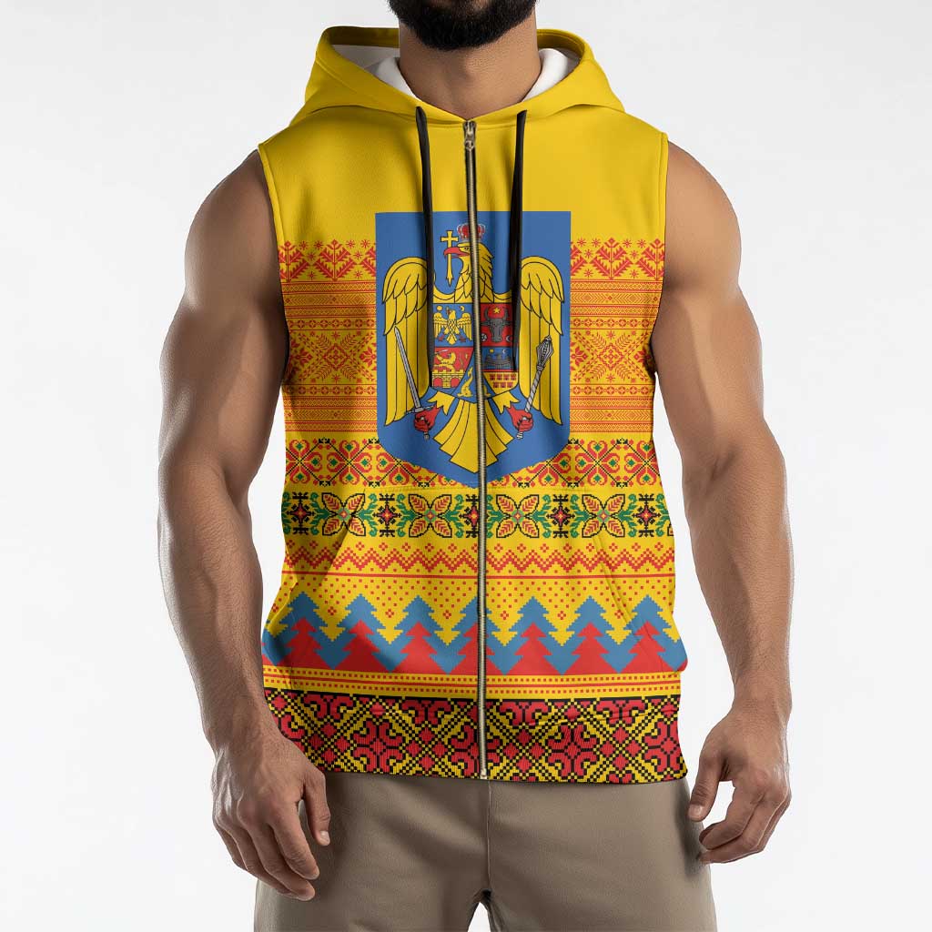 Romania Merry Christmas Sleeveless Zip Hoodie Romania Emblem Traditional Folk Art - Wonder Print Shop