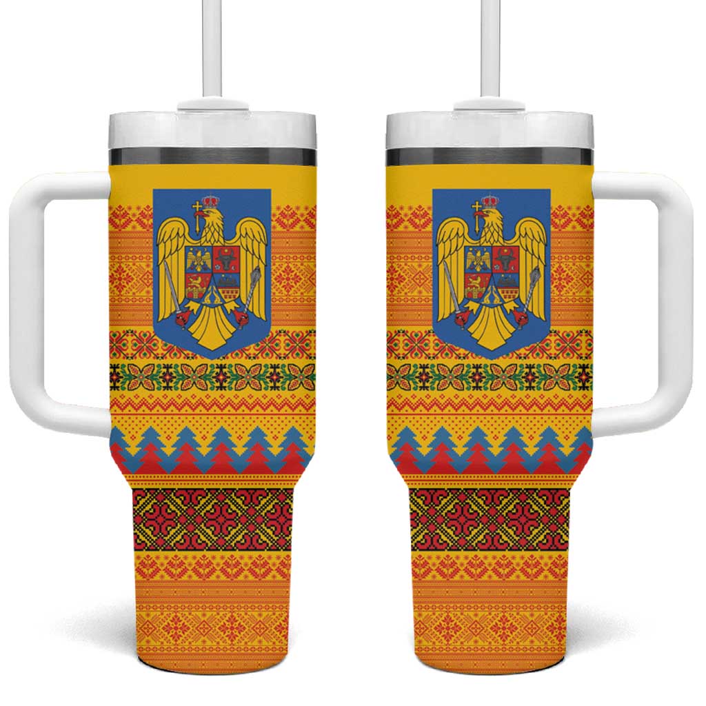 Romania Merry Christmas Tumbler With Handle Romania Emblem Traditional Folk Art - Wonder Print Shop