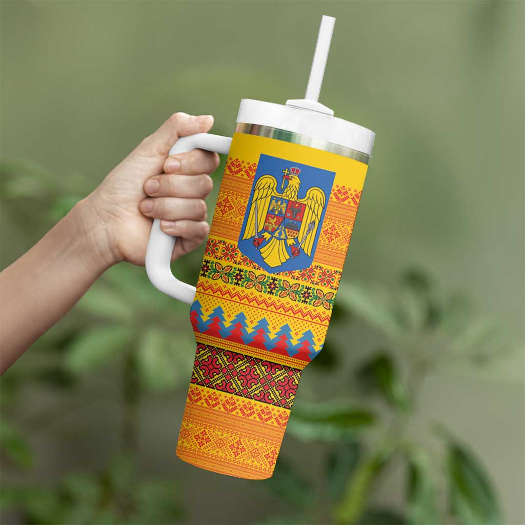Romania Merry Christmas Tumbler With Handle Romania Emblem Traditional Folk Art - Wonder Print Shop