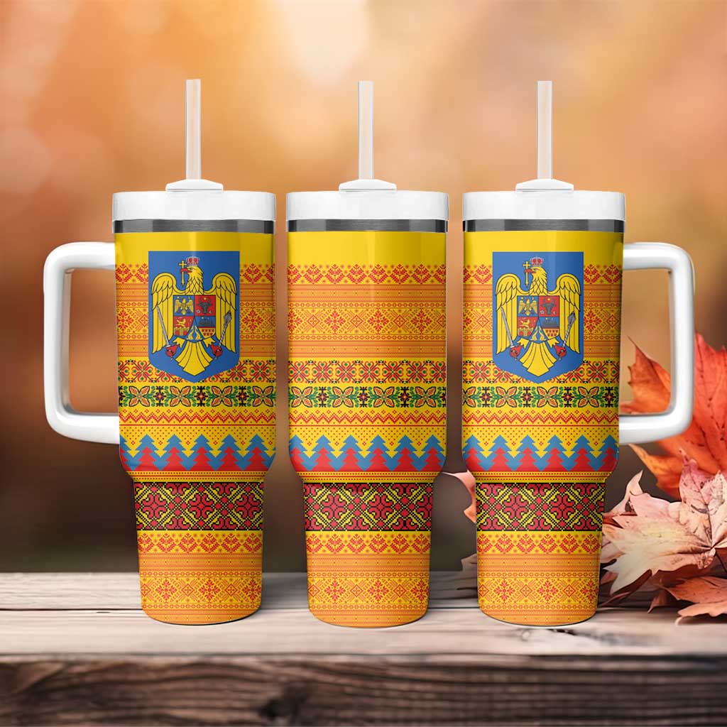 Romania Merry Christmas Tumbler With Handle Romania Emblem Traditional Folk Art - Wonder Print Shop