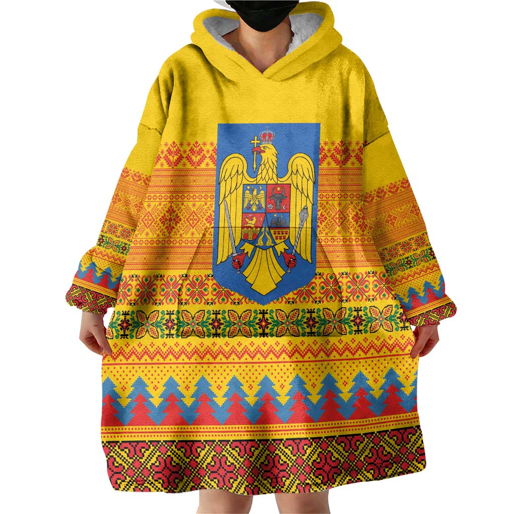 Romania Merry Christmas Wearable Blanket Hoodie Romania Emblem Traditional Folk Art - Wonder Print Shop