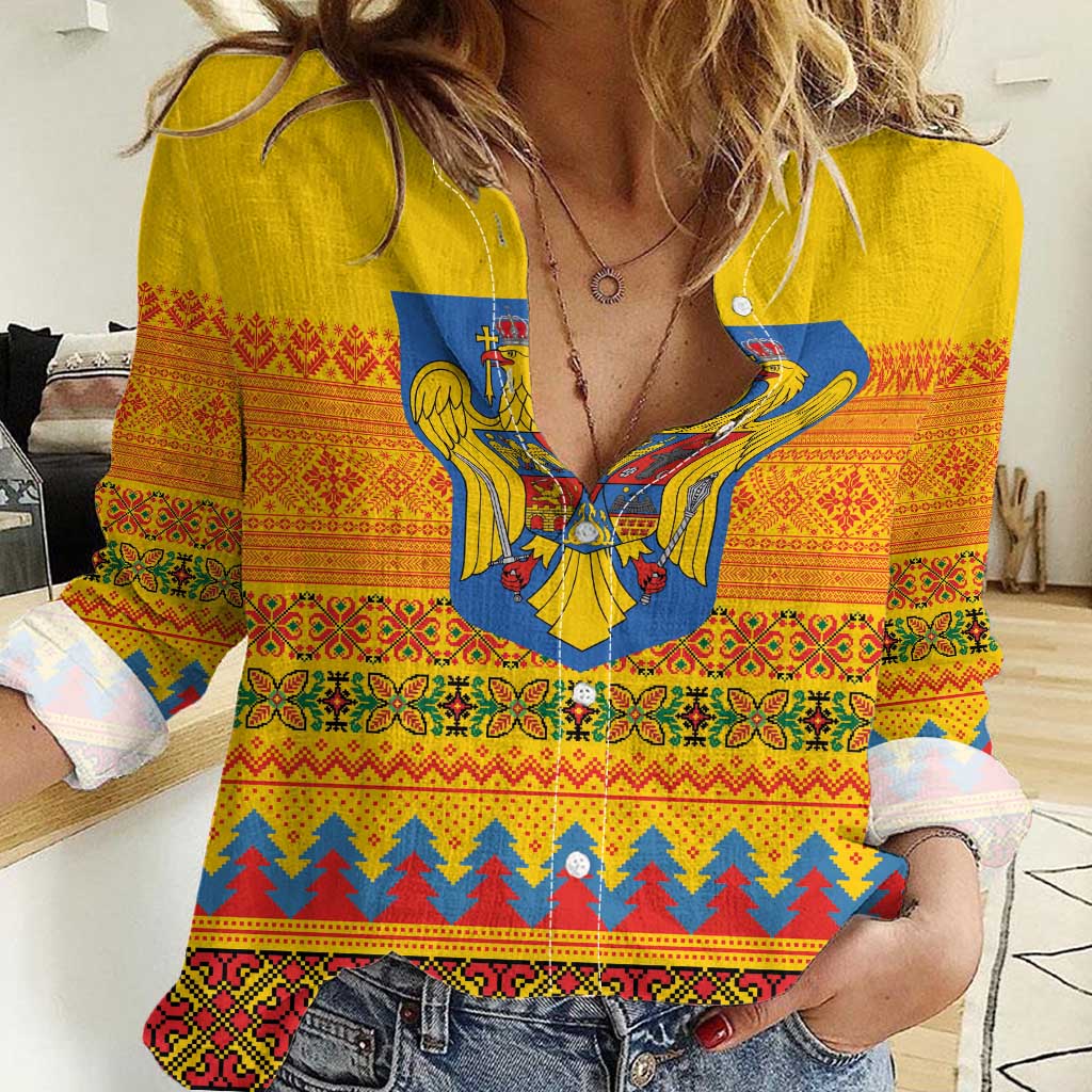Romania Merry Christmas Women Casual Shirt Romania Emblem Traditional Folk Art - Wonder Print Shop