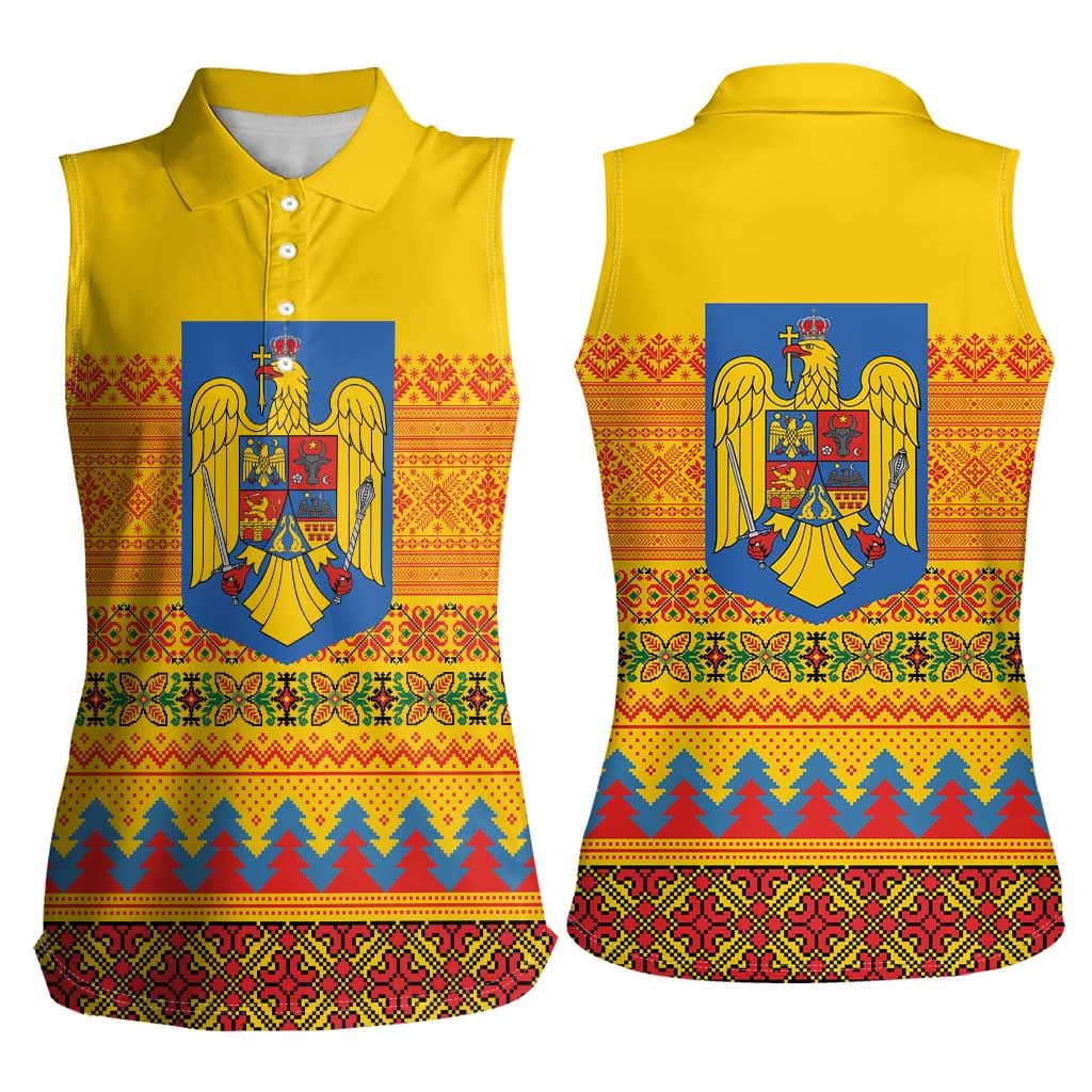 Romania Merry Christmas Women Sleeveless Polo Shirt Romania Emblem Traditional Folk Art - Wonder Print Shop