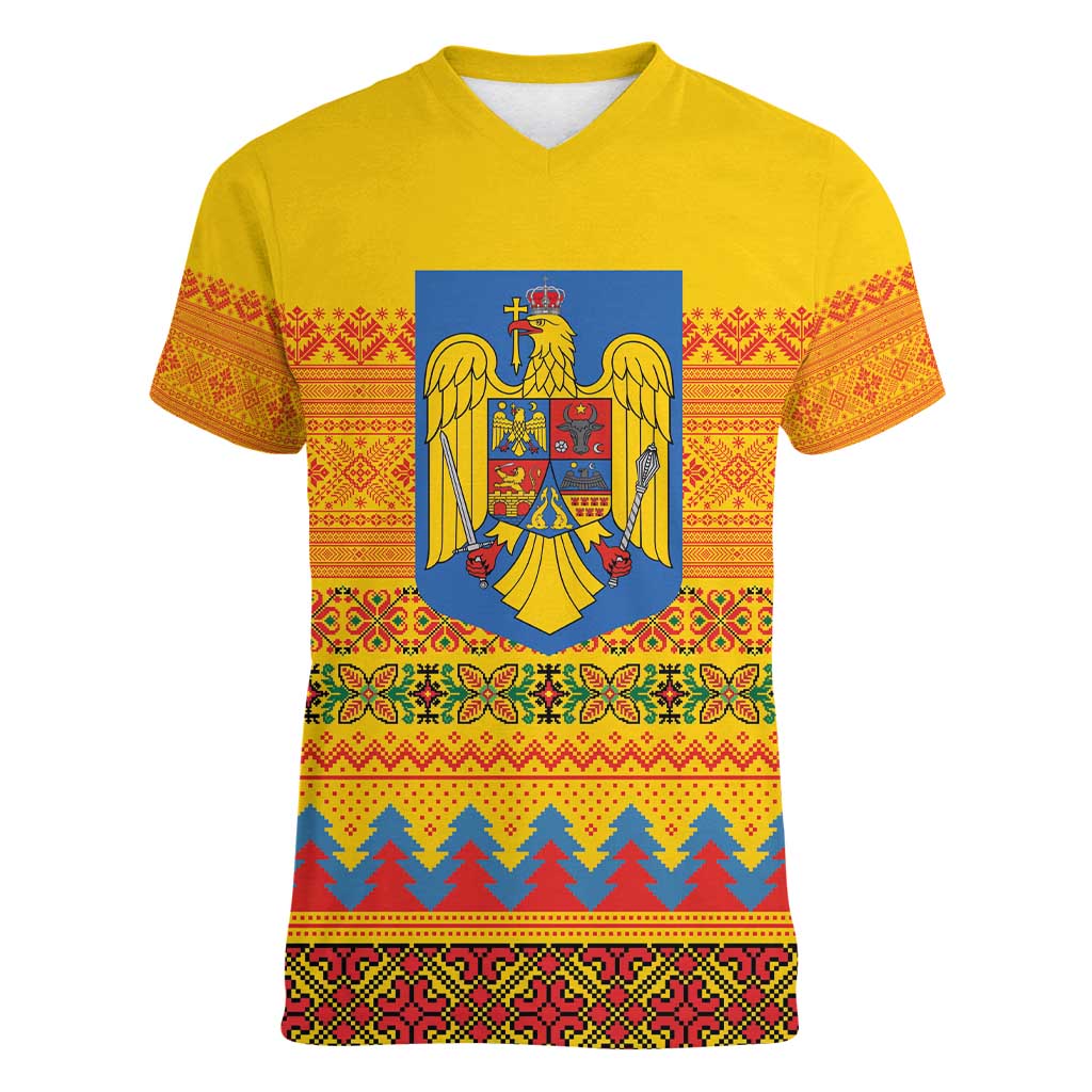Romania Merry Christmas Women V-Neck T-Shirt Romania Emblem Traditional Folk Art - Wonder Print Shop