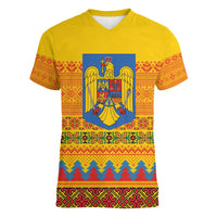 Romania Merry Christmas Women V-Neck T-Shirt Romania Emblem Traditional Folk Art - Wonder Print Shop