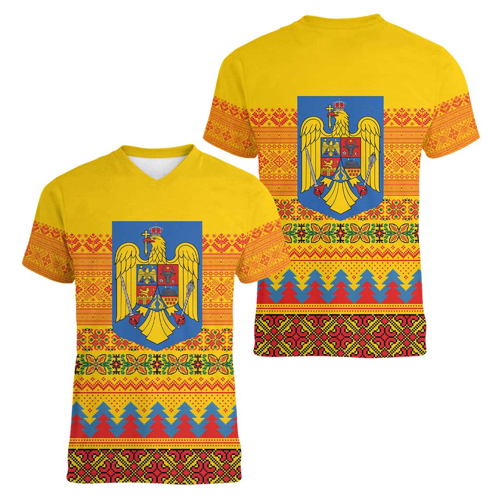 Romania Merry Christmas Women V-Neck T-Shirt Romania Emblem Traditional Folk Art - Wonder Print Shop