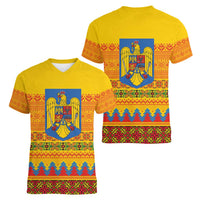 Romania Merry Christmas Women V-Neck T-Shirt Romania Emblem Traditional Folk Art - Wonder Print Shop