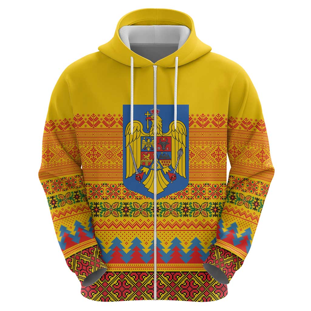 Romania Merry Christmas Zip Hoodie Romania Emblem Traditional Folk Art - Wonder Print Shop