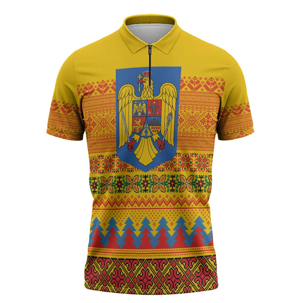 Romania Merry Christmas Zipper Polo Shirt Romania Emblem Traditional Folk Art - Wonder Print Shop