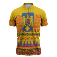 Romania Merry Christmas Zipper Polo Shirt Romania Emblem Traditional Folk Art - Wonder Print Shop