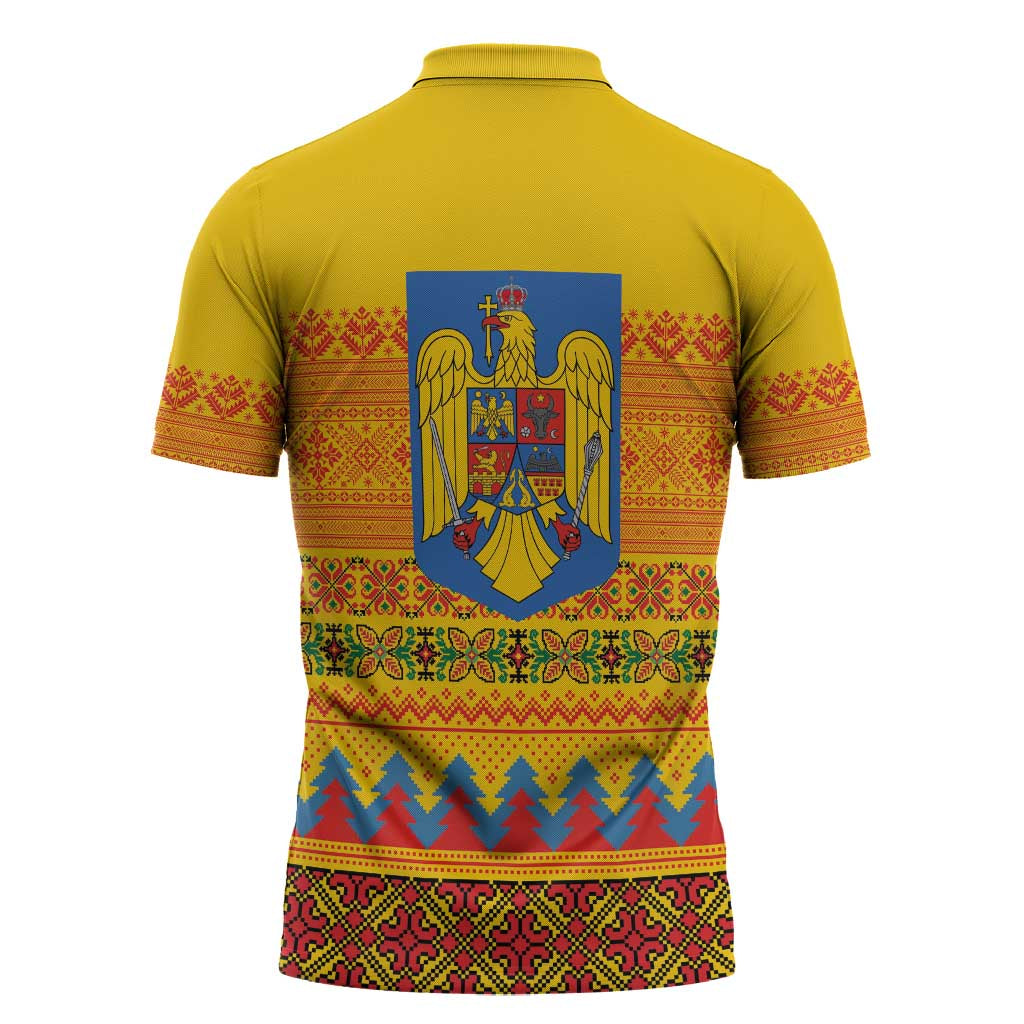 Romania Merry Christmas Zipper Polo Shirt Romania Emblem Traditional Folk Art - Wonder Print Shop