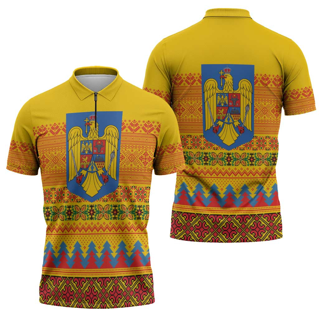Romania Merry Christmas Zipper Polo Shirt Romania Emblem Traditional Folk Art - Wonder Print Shop