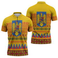 Romania Merry Christmas Zipper Polo Shirt Romania Emblem Traditional Folk Art - Wonder Print Shop