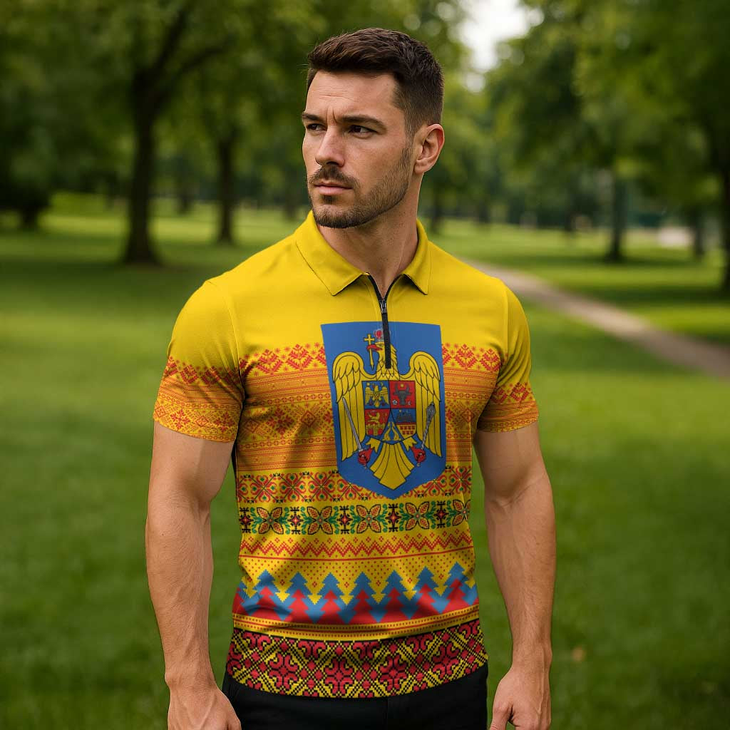 Romania Merry Christmas Zipper Polo Shirt Romania Emblem Traditional Folk Art - Wonder Print Shop