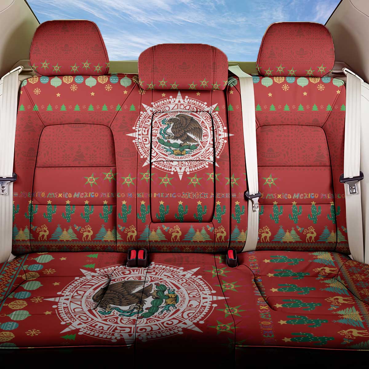 Mexico Merry Christmas Back Car Seat Cover Mexican Cultural Emblem Xmas Style - Wonder Print Shop